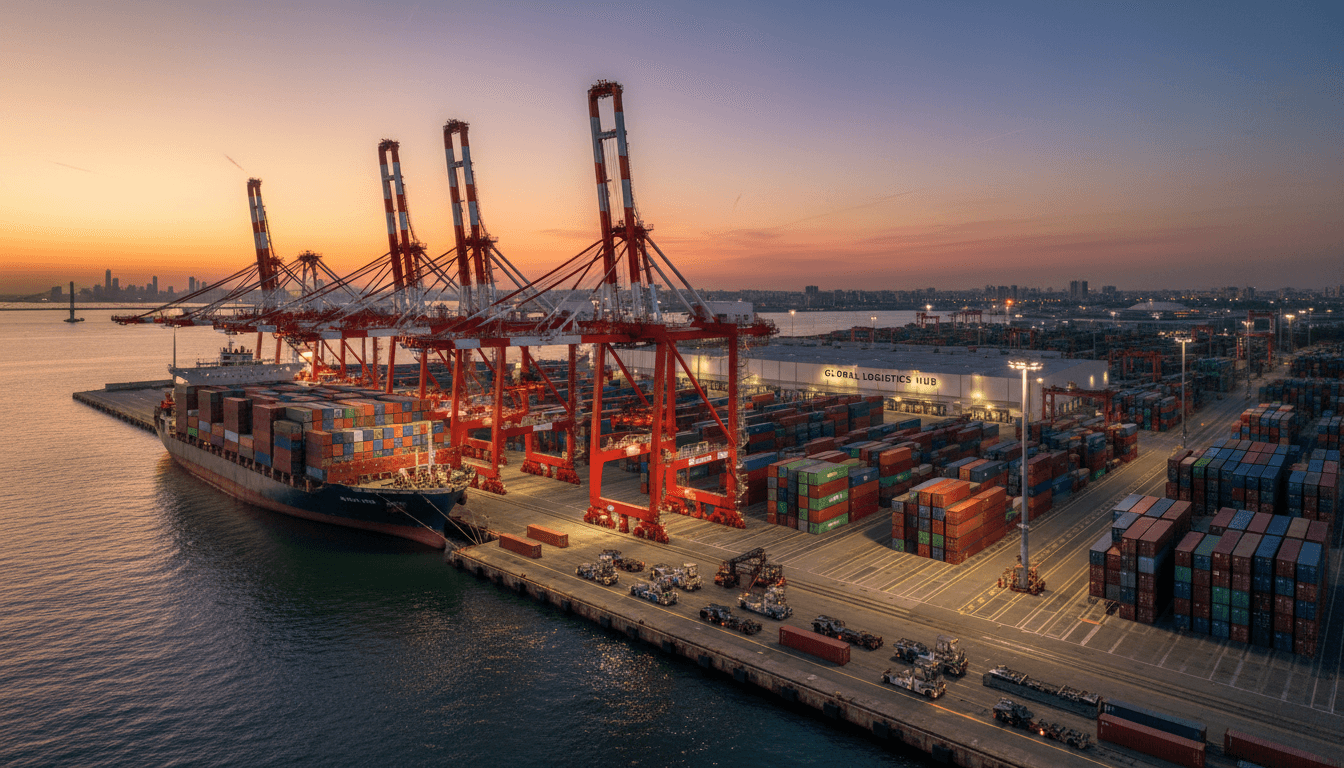 Shipping port with organized container stacks and logistics operations in progress