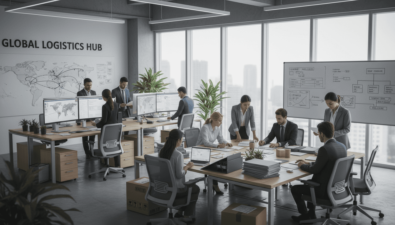 Modern shipping consultancy office with professional workspace and logistics documentation