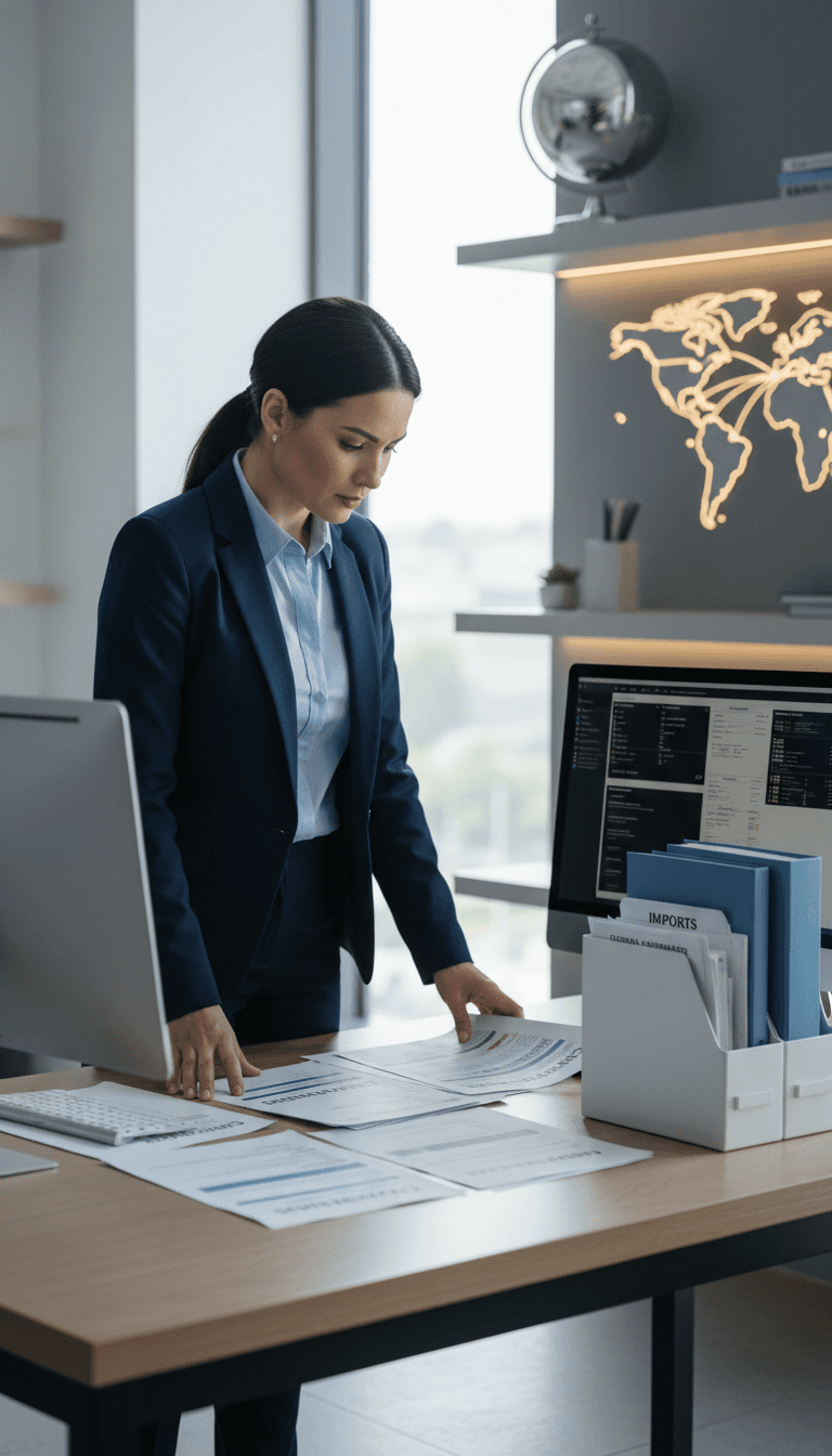 Professional consultant reviewing shipping logistics documentation and trade routes